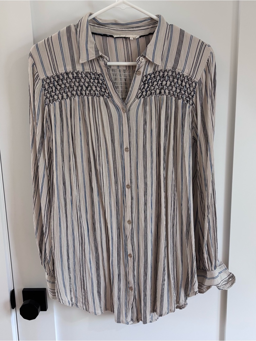 Anthropologie Floreat Striped Smocked Button Down Blouse Size S